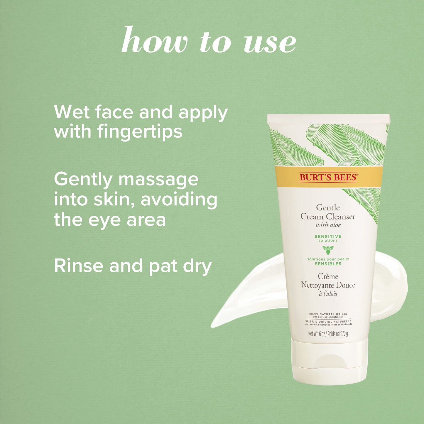 Burt's Bees Gentle Cream Cleanser with Aloe for Sensitive Skin, 98.9% Natural Origin, 6 Ounces