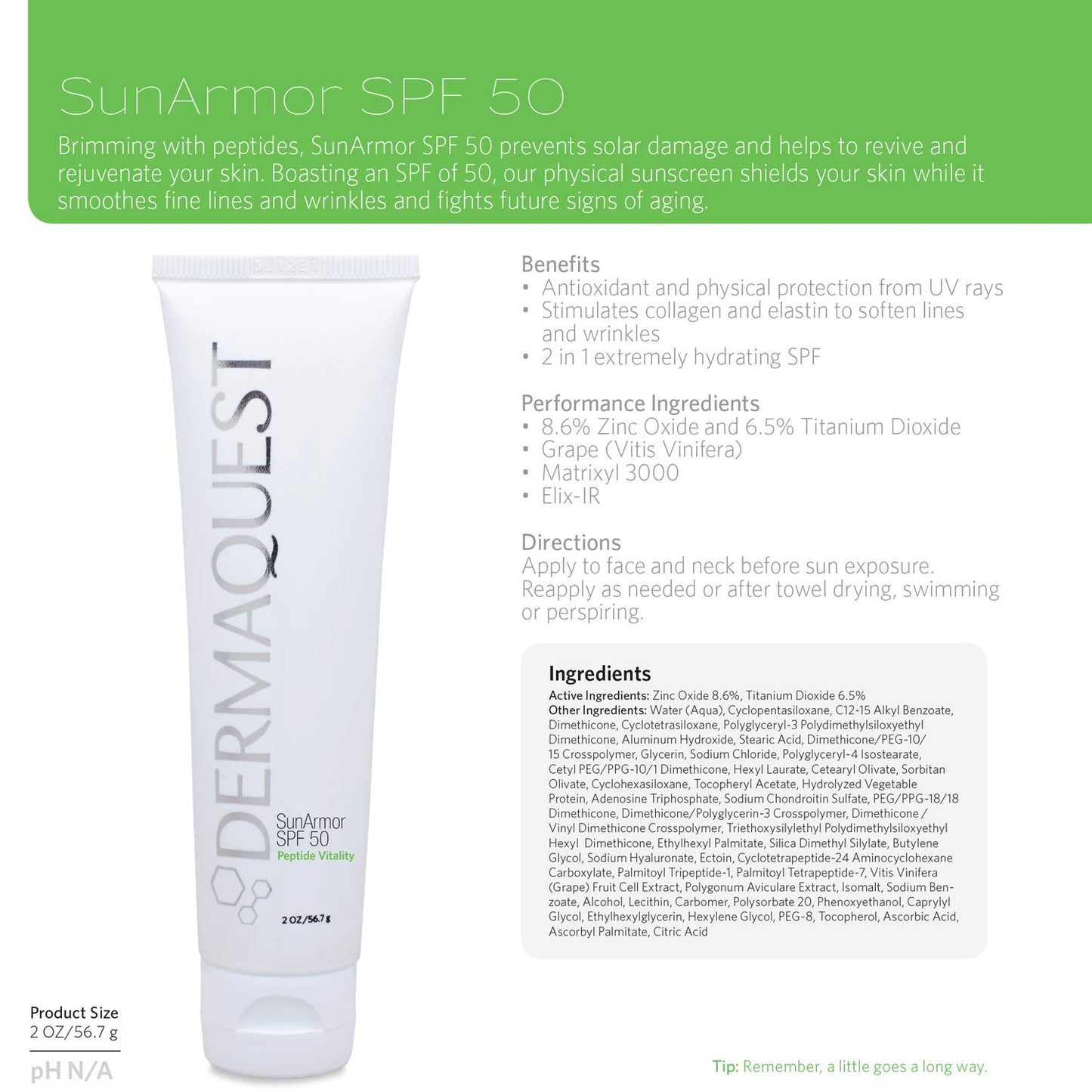 DermaQuest Peptide Vitality SunArmor Sunscreen SPF 50 - Anti Aging Titanium Dioxide & Zinc Oxide Sunscreen Moisturizer Lotion for Dry Skin Types