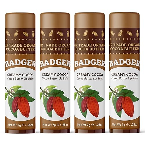 Badger Creamy Cocoa Cocoa Butter Lip Balm, Long Lasting Hydrating Lip Moisturizer, Fair Trade, Large Size Stick, 100% Organic Lip Care, 4-pack