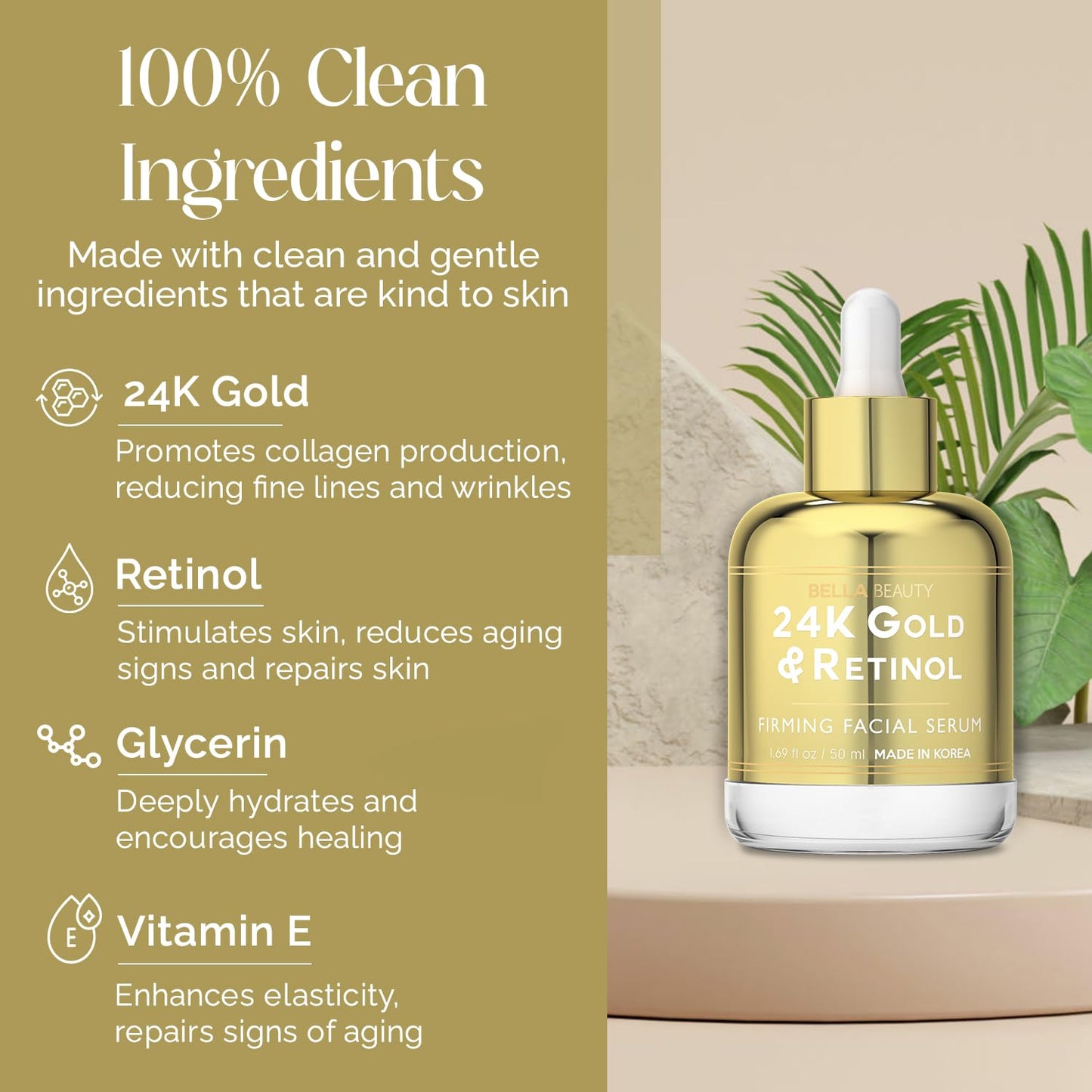 Bella Beauty 24K Gold & Retinol Face Serum - Reduces Age Spots, Fine Lines & Wrinkles, Lifting & Firming - Dermatologist Tested, Cruelty-Free Korean