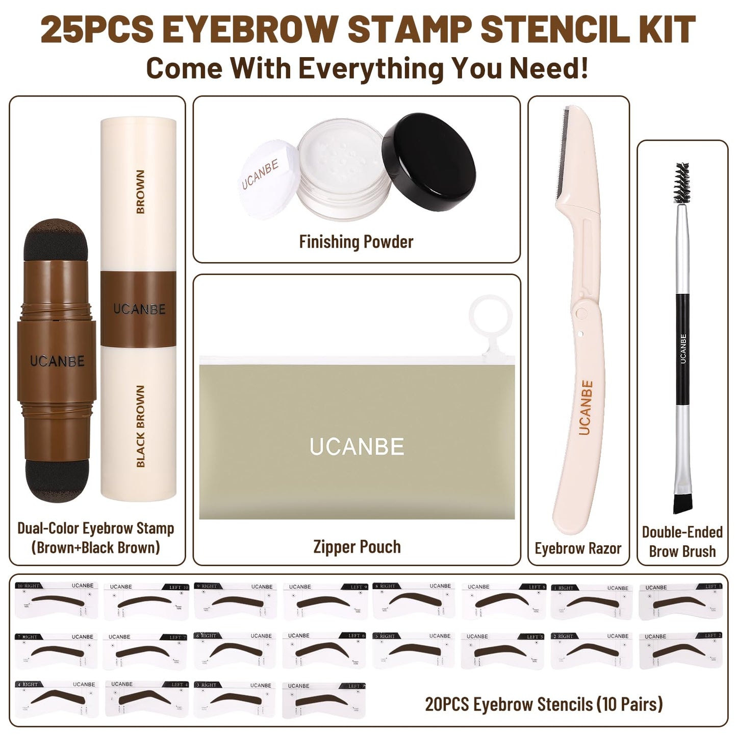 UCANBE 25PCS Eyebrow Stamp Stencil Kit With Dual-Color Eyebrow Stamp Pomade,20 Reusable Eyebrow Stencils,Finising Powder,Brush,Eyebrow Razor,Zipper Beauty and Personal Care UCANBE