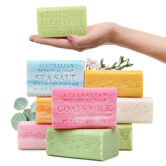 Australian Botanical Soap Variety Pack, 6.6 oz Bars - Goat Milk, Eucalyptus, Manuka Honey, Sea Salt, Pink Lychee, Lemongrass, Raspberry, Valencia