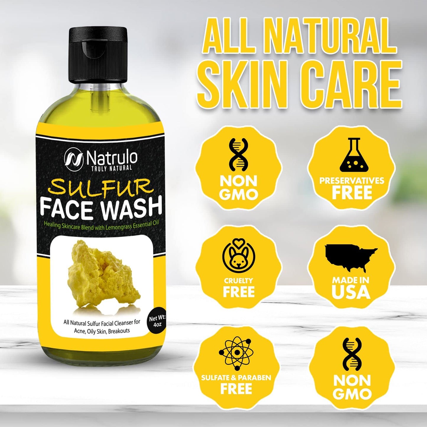 Sulfur Face Wash for Acne - All Natural Sulfur Facial Cleanser for Oily Skin, Breakouts - Healing Skincare Blend with Lemongrass Essential Oil - 4oz