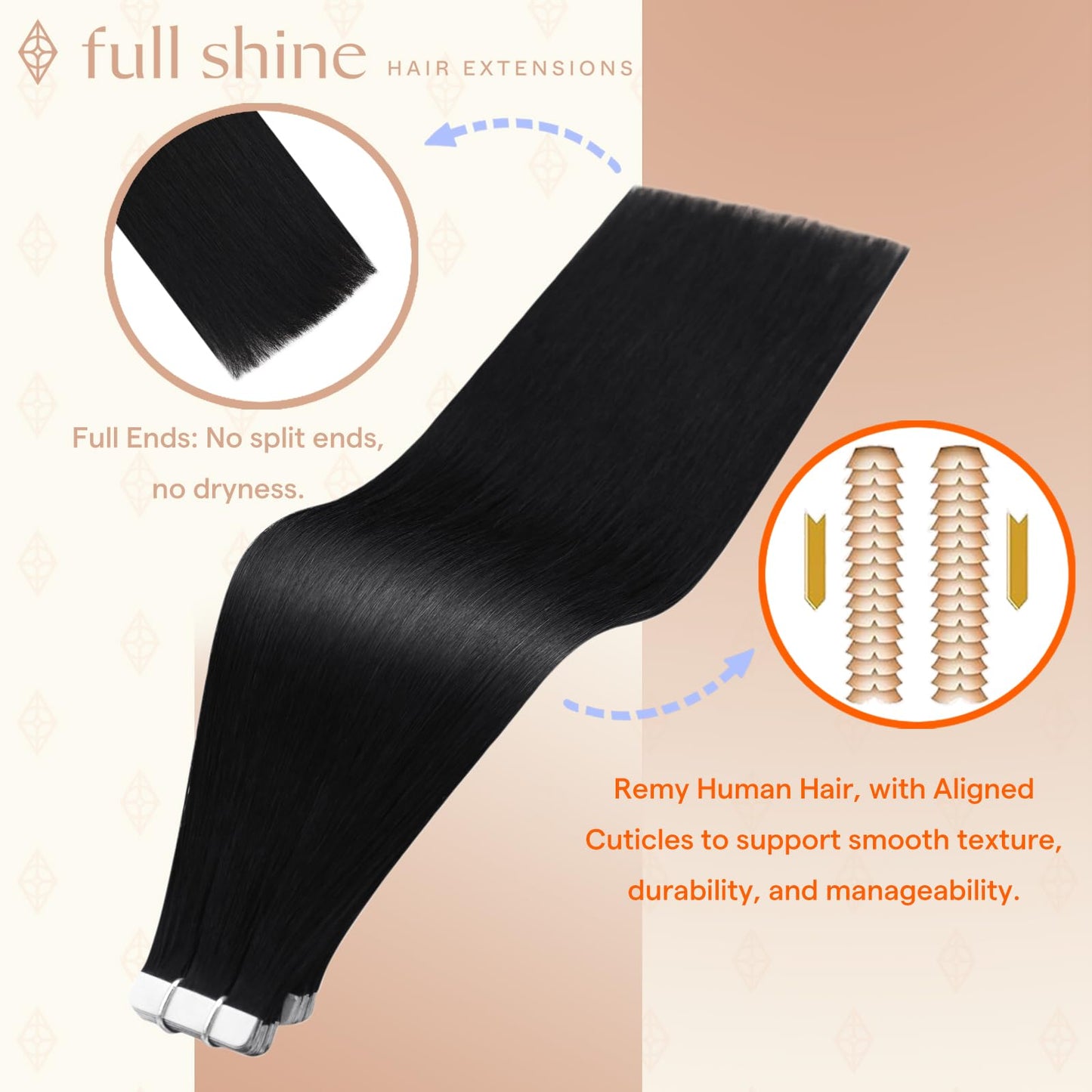 Full Shine Tape in Hair Extensions Human Hair, Color 1 Jet Black, 24 Inch, 100g, 40PCS, Invisible Brazilian Human Hair Tape in Extensions, Seamless Beauty and Personal Care Fshine