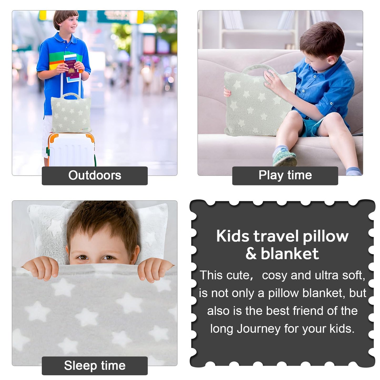 VigorSpring Travel Pillow and Blanket Set - Portable Comfort Item for Children - Grey Star Soft Kids Pillow Blanket (Star)