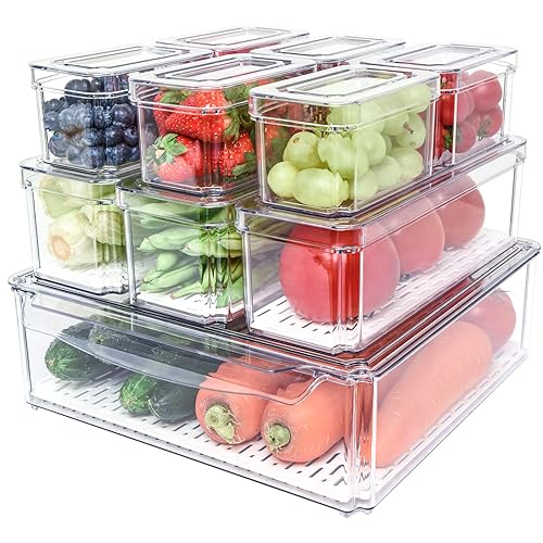 Pomeat 10 Pack Fridge Organizer, Stackable Refrigerator Bins with Lids, BPA-Free Produce Fruit Storage Containers for Fridge, Clear for Food, Drinks…