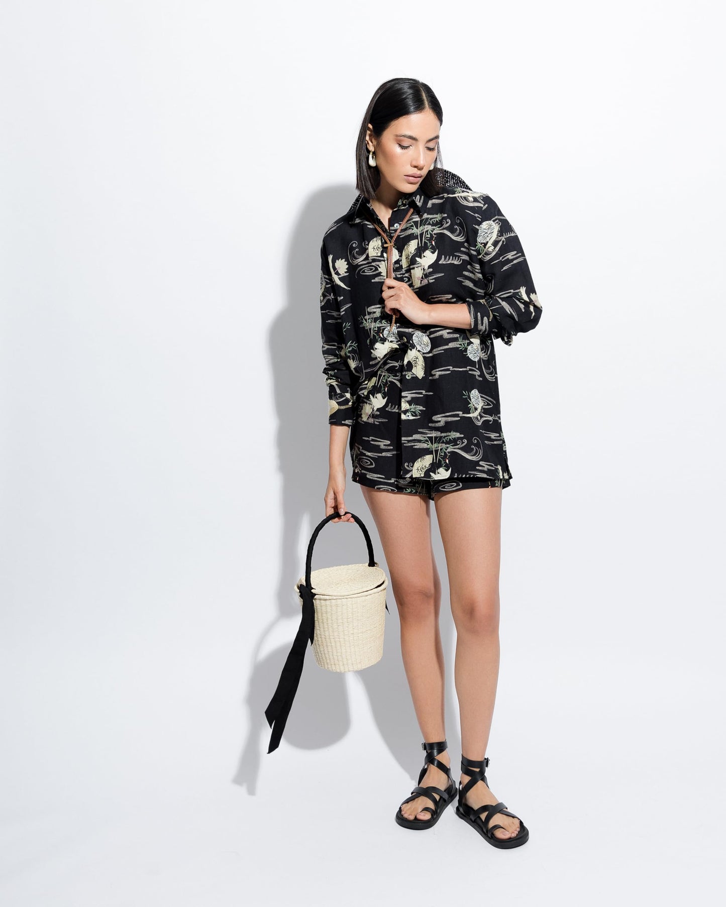 Sensi Studio, Picnic Medium Basket, One size, Natural Straw / Black Ribbon