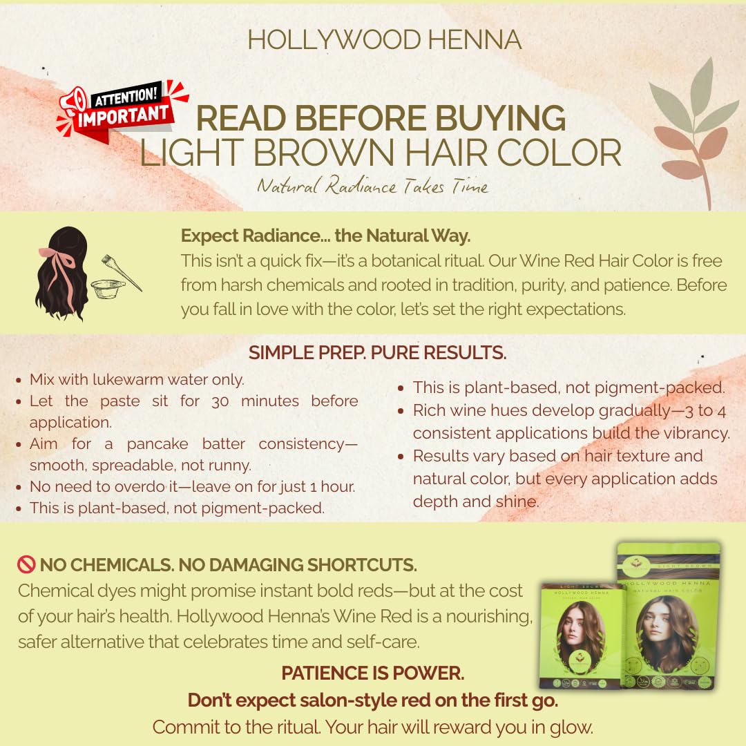 Hollywood Henna Hair Color Kit (Light Brown) Organic Color Hair Beard Dye (Pack of 1-100g) Henna Based Hair Colors with Pure Herbs Free Chemicals Long