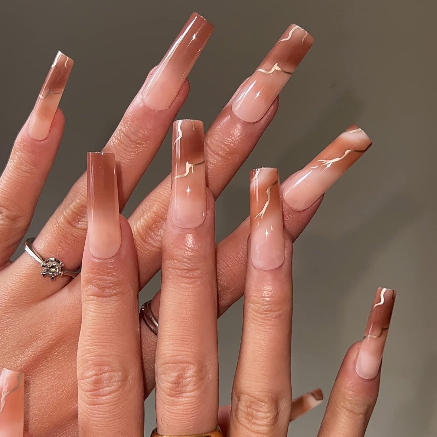 BABALAL Square Press on Nails - Long, Brown Acrylic, Ombre, Glossy Artificial Nails - Squoval Shape, for Women and Girls
