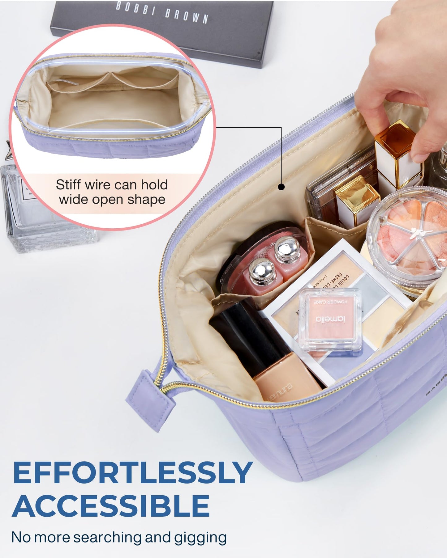 BAGSMART Makeup Bag Cosmetic Bag Wide Open, Purple, M, Wide-open Travel Makeup Bag With Puffy Padded and Rectangular Quilted Beauty and Personal Care BAGSMART