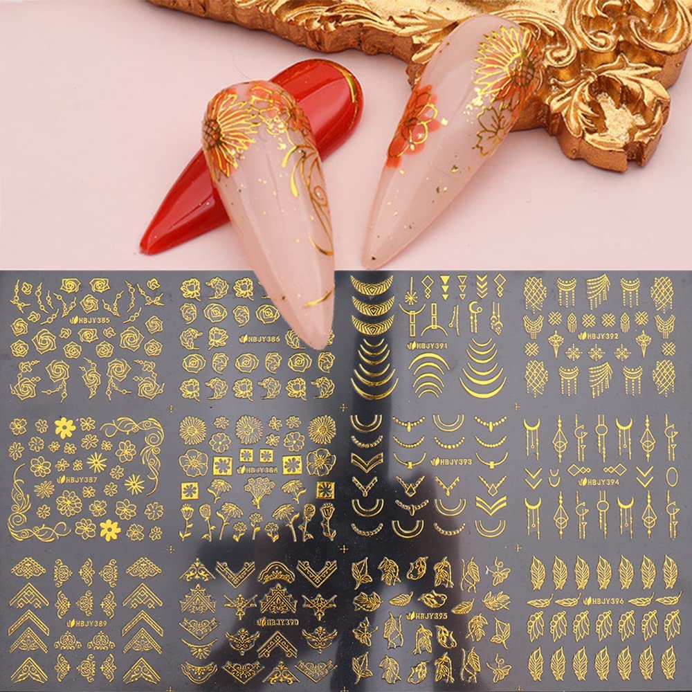 Flowers Nail Art Stickers Decal 3D Self-Adhesive Gold Flower Leaf Lace Nail Supplies Flower Nail Stickers Geometry Line Nail Designs for Women Girls