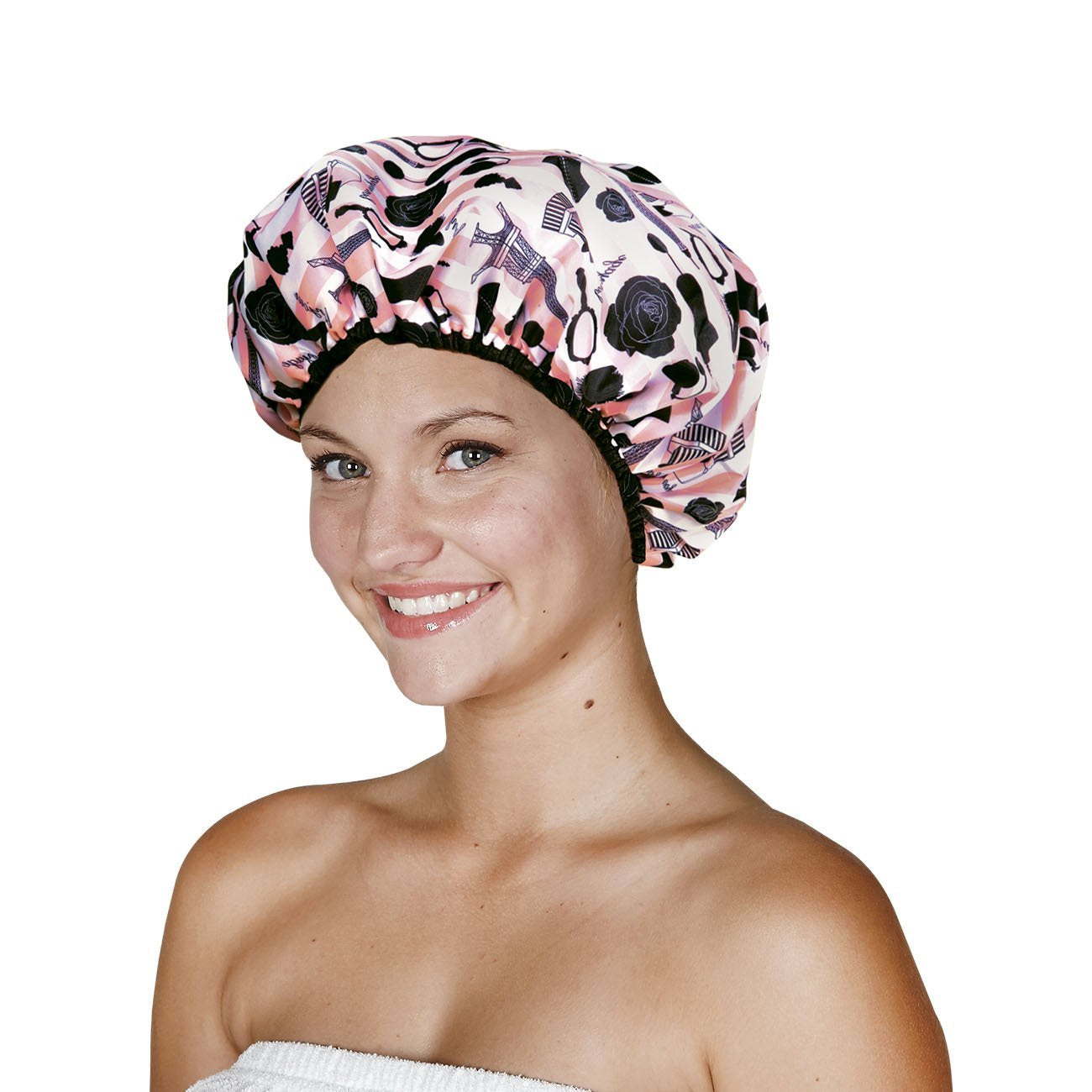 Reusable Nylon Bath & Shower Cap, Reversible Oversized Waterproof Shower Caps Large Designed for all Hair Lengths w Terry Lining & Elastic Band