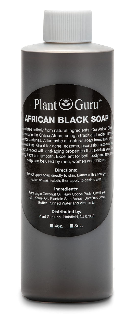 African Black Soap Liquid 8 oz. 100% Raw Pure Natural From Ghana. Acne Treatment, Aids Against Eczema & Psoriasis, Dry Skin, Scars and Dark Spots.