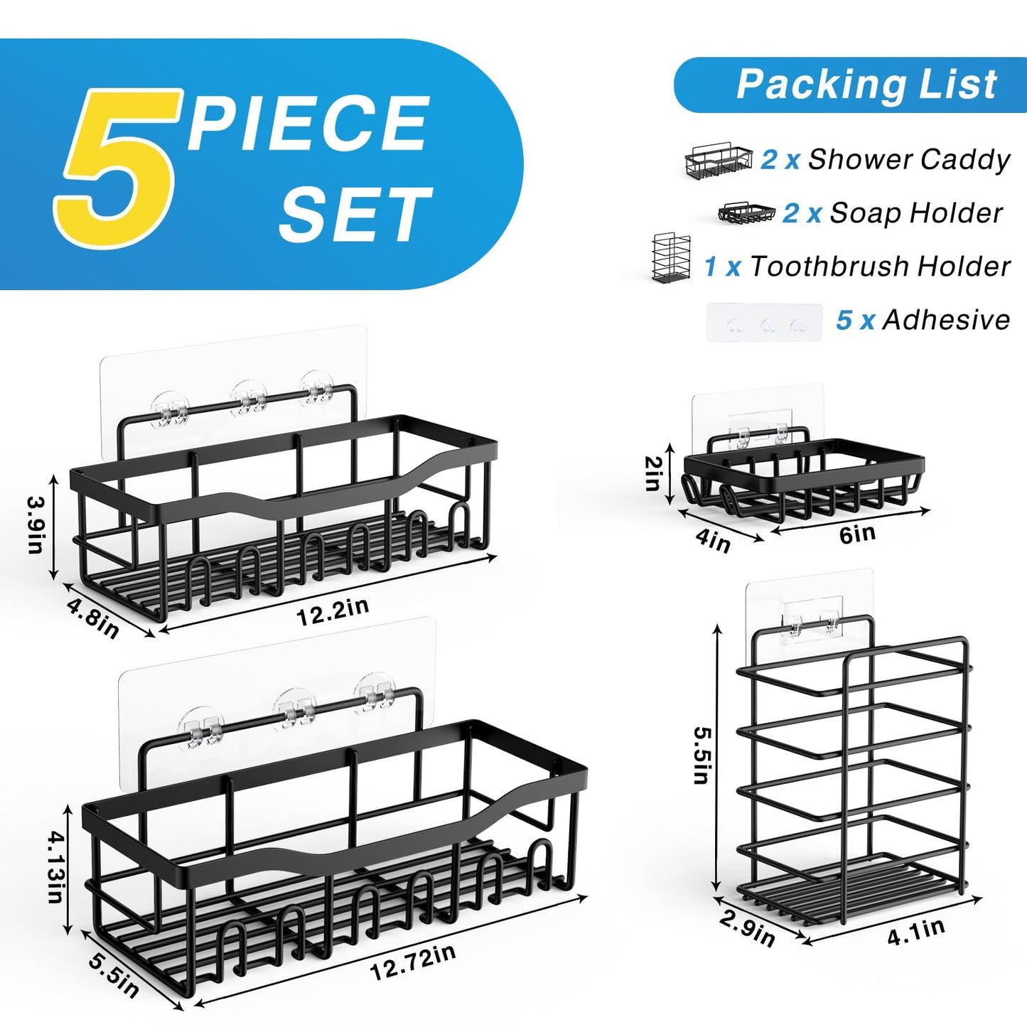 EUDELE Adhesive Shower Caddy 5-Pack, Rustproof Stainless Steel Bathroom Shelves, No-Drill Storage Organizers, Large Capacity