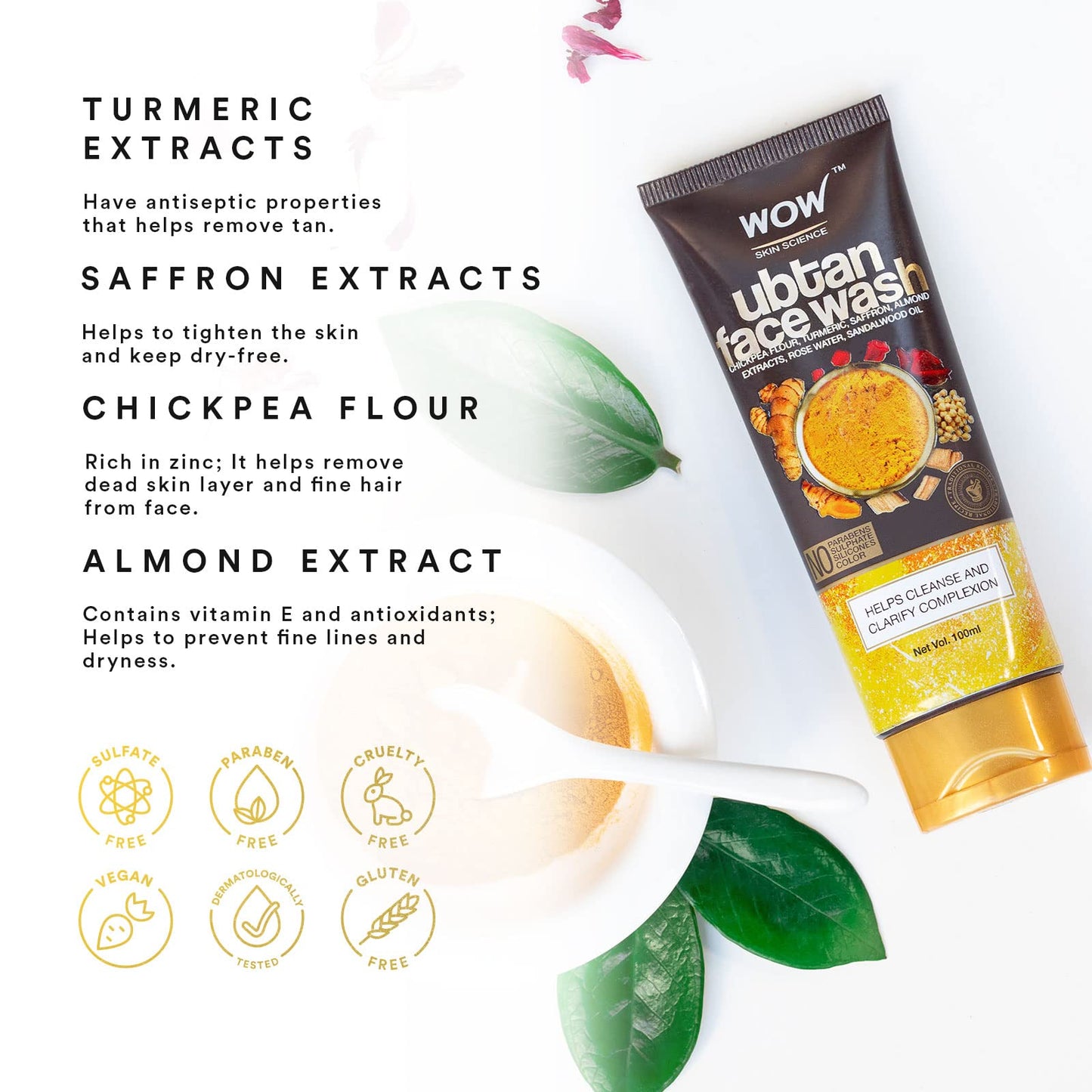 WOW Skin Science Ubtan Face Wash with Chickpea Flour, Turmeric, Moisturize Skin Help With Dryness - 100ml