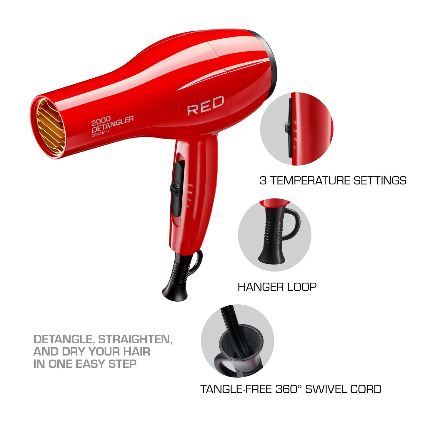 Red by Kiss 2000 Ceramic Hair Dryer, Professional Salon Blow Dryer 3 Attachments Included, 2 Detangler Piks, 1 Air Concentrator, Lightweight