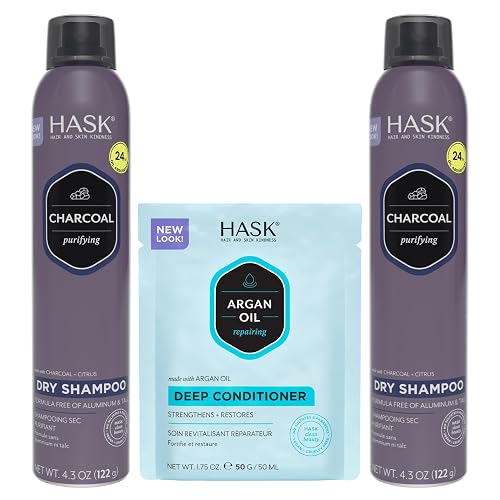 HASK Charcoal Clarifying Dry Shampoo Duo (4.3oz-Qty 2) & Argan Oil Repairing Deep Conditioner Packette, Aluminum-Free, Sulfate-Free, Paraben-Free