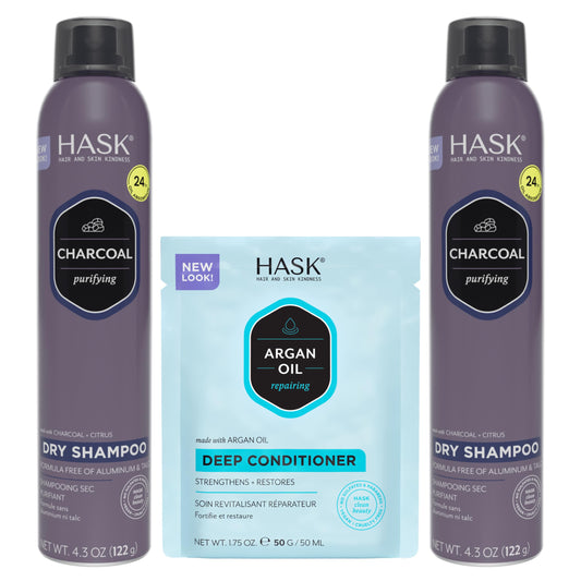HASK Charcoal Clarifying Dry Shampoo Duo (4.3oz-Qty 2) & Argan Oil Repairing Deep Conditioner Packette, Aluminum-Free, Sulfate-Free, Paraben-Free Beauty & Personal Care HASK