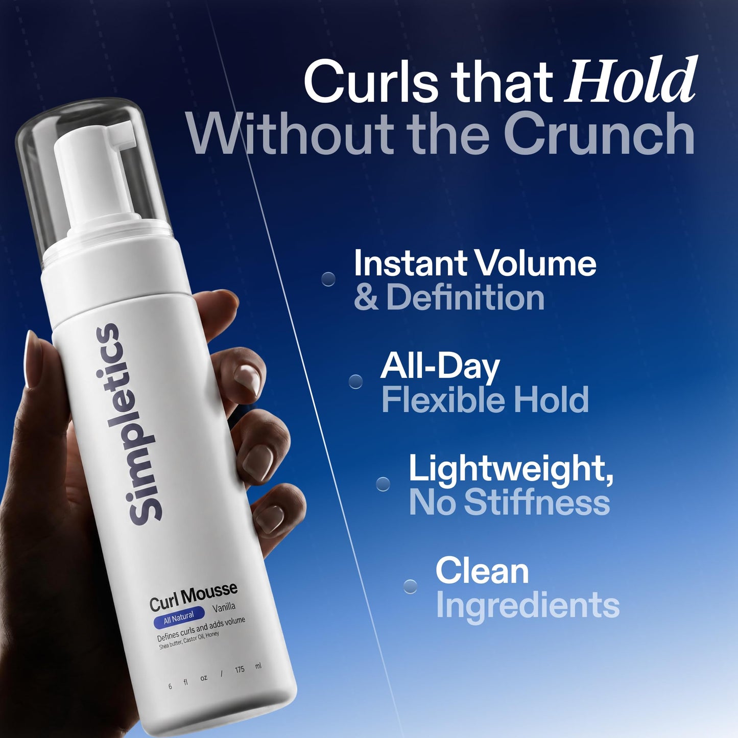 Simpletics Curl Mousse for Curly, Wavy & Coily Hair - Lightweight Curl Defining Foam with Soft Hold, Frizz Control, Volume & Warm Vanilla Scent - No