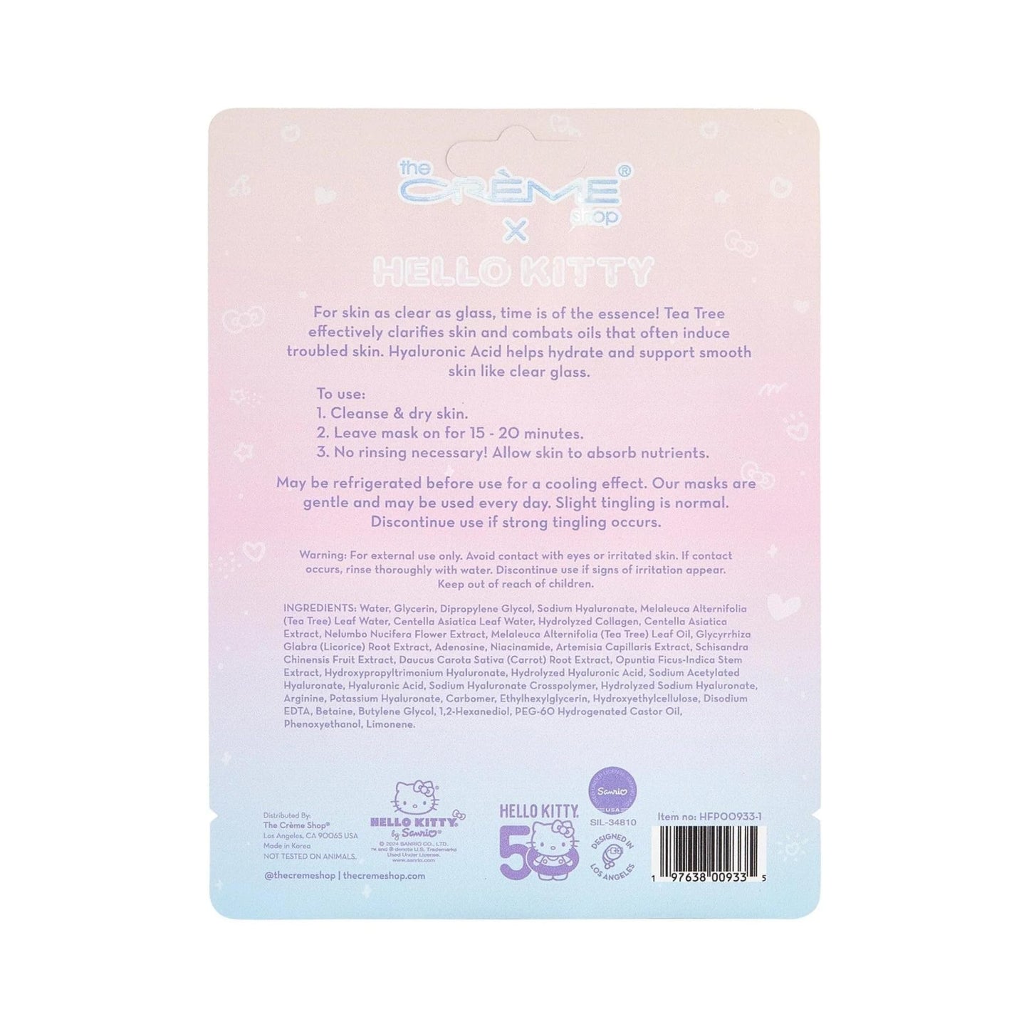 The Crème Shop x Hello Kitty Feel So Clear Printed Essence Sheet Mask, Clarifying and Hydrating Face Mask with Tea Tree and Hyaluronic Acid - 50th
