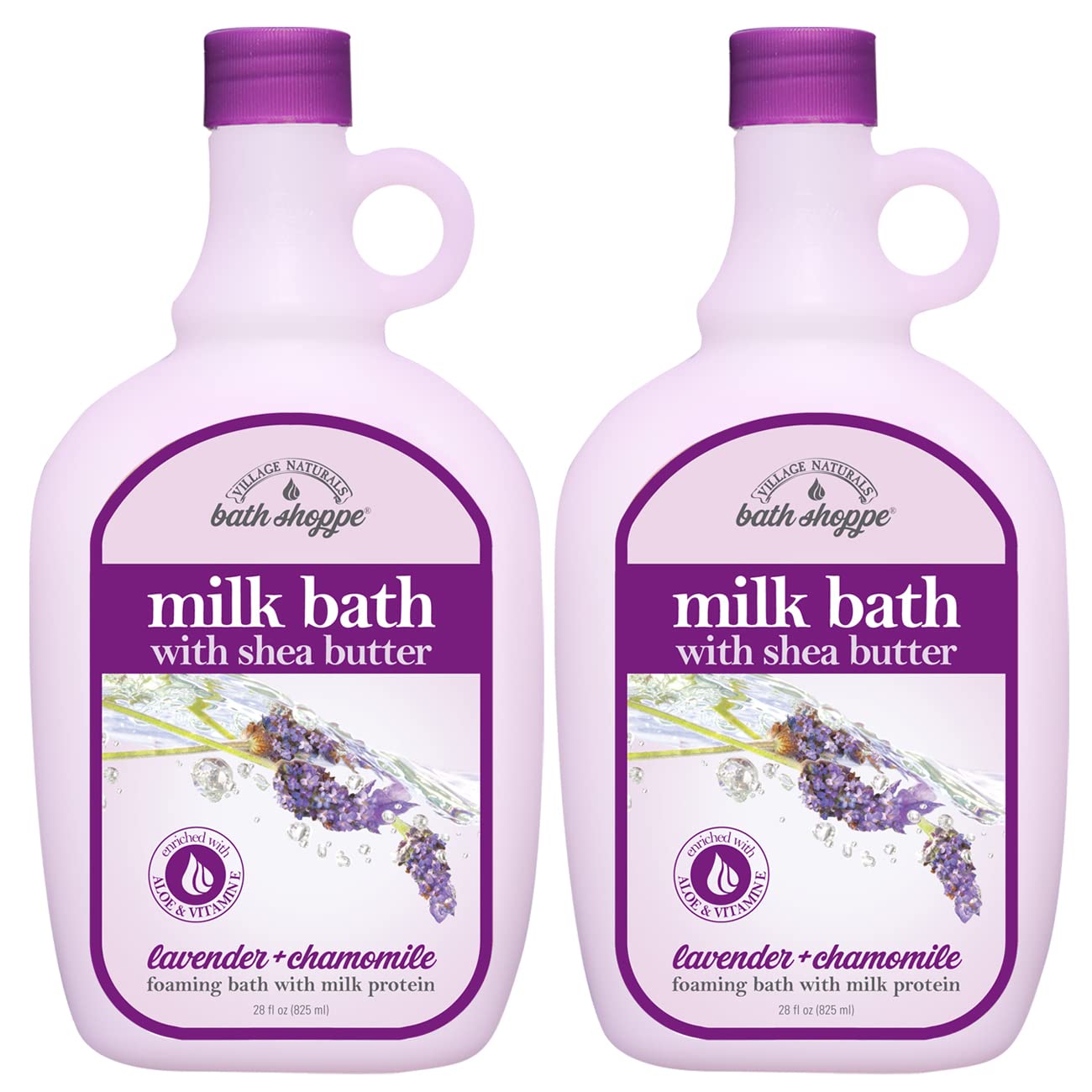 Village Naturals Bath Shoppe Moisturizing Lavender Chamomile Milk Bath - Hydrates Skin - Made with Shea Butter and Vitamin E (Pack of 2 Bottles, 28 fl