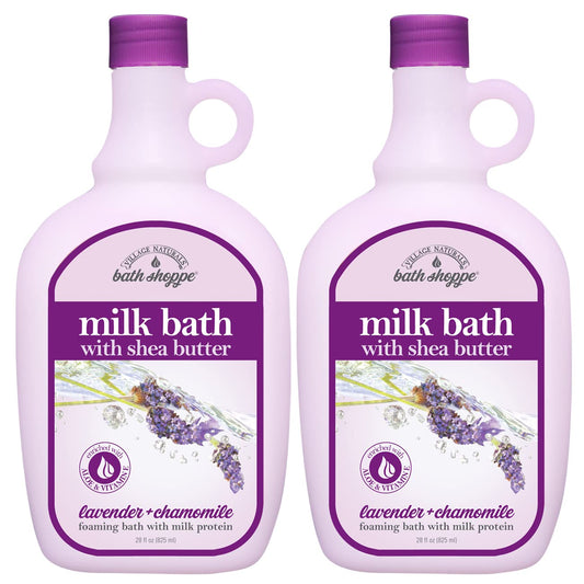 Village Naturals Bath Shoppe Moisturizing Lavender Chamomile Milk Bath - Hydrates Skin - Made with Shea Butter and Vitamin E (Pack of 2 Bottles, 28 fl