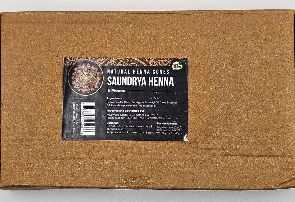 VedaSecrets Saundrya PureGlow Natural Henna Cones - 100% Organic, Ready-to-Use for Vibrant Hair Color, Pack of 6