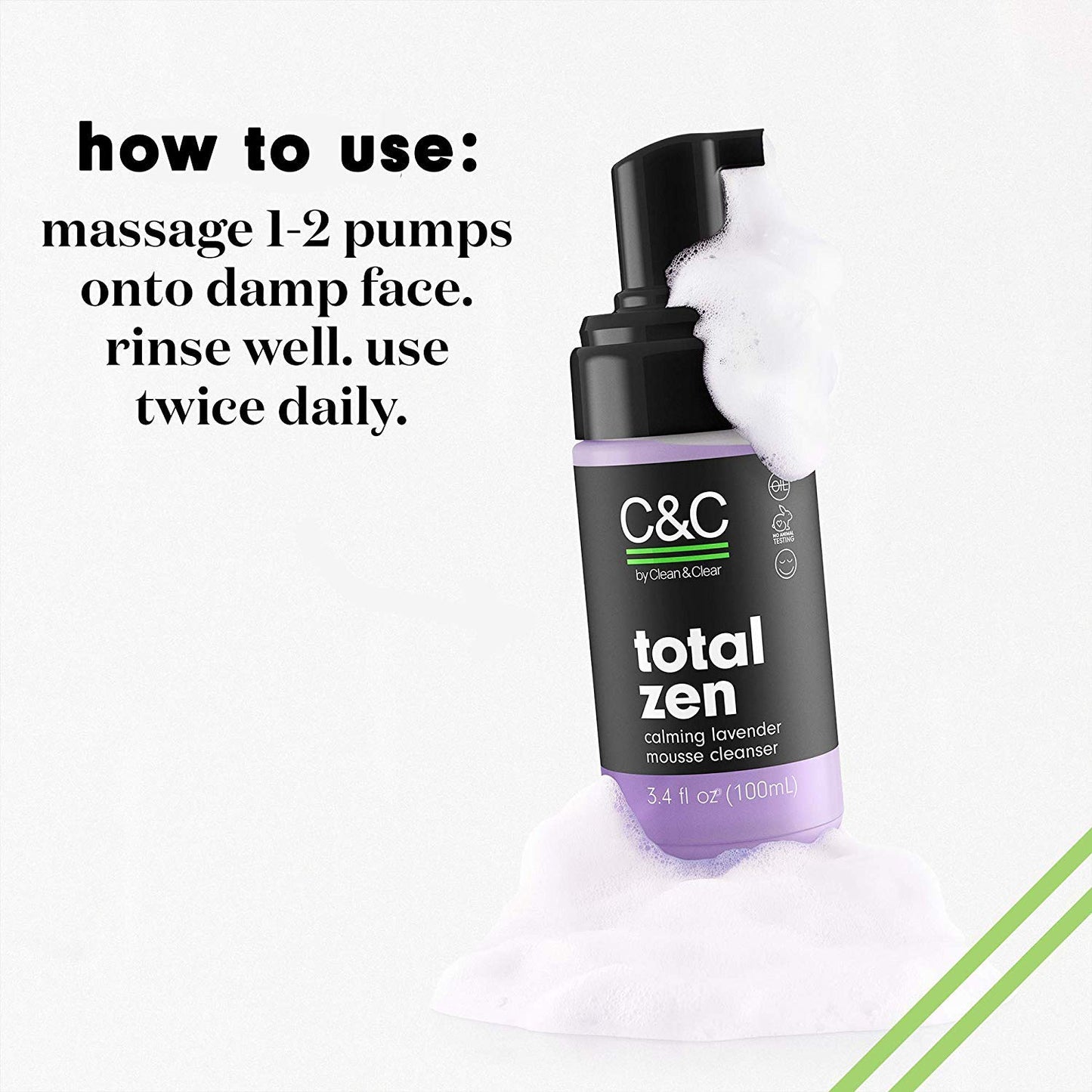 C&C by Clean & Clear Total Zen Calming Lavender Mousse Facial Cleanser to Remove Dirt, Relaxing Oil-Free Face Wash for Sensitive Skin, Not Tested