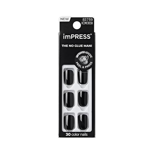 Kiss Impress No Glue Mani Press On Nails Kit, 30 All Black Peel and Stick Nails, Super Slim Short Squoval, Glossy Gel Finish, PureFit Technology Beauty & Personal Care imPRESS