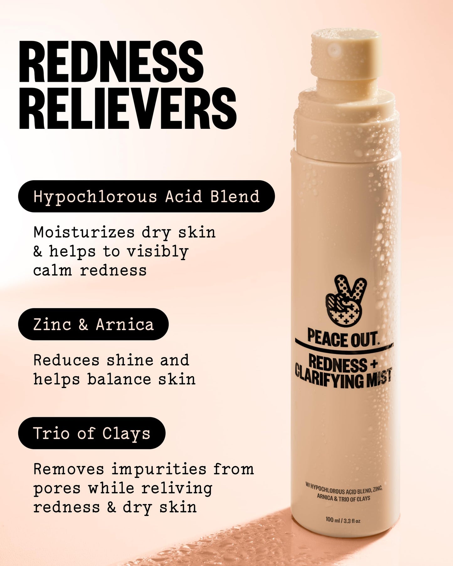 PEACE OUT Redness + Clarifying Mist, Hypochlorous Acid Facial Spray with Zinc and Arnica, Helps Reduce Redness, Control Excess Oil, and Refresh Dry