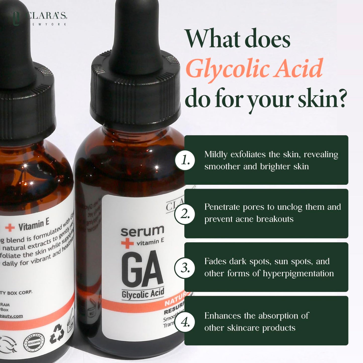 CLARA'S NEW YORK Glycolic Acid Facial Serum with Vitamin E for Exfoliating Smoothing Glowing Face Skin - Made in USA 30ml (1Fl/Oz) (Glycolic Acid)