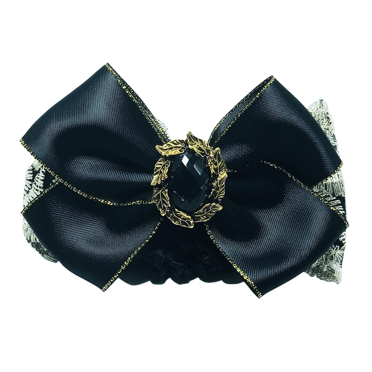 1PCS Lace Ribbon Bowknot Rhinestone Snood Net Elastic Hair Clip Barrette Bun Cover Black