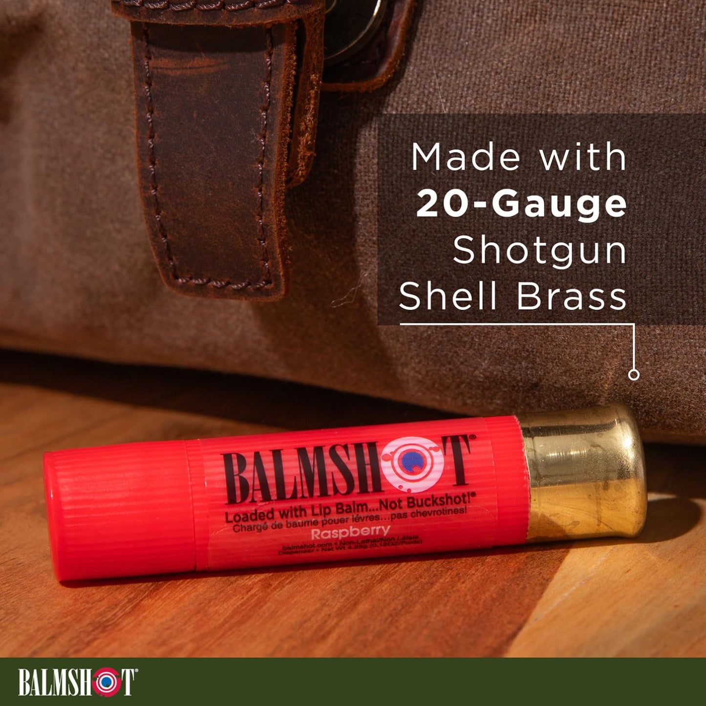 BALMSHOT Raspberry Lip Balm SPF 15 - Beeswax Chapstick for Dry Chapped Lips, 20-Gauge Brass Shotgun Shell Tube, Heat Resistant, Long Lasting Lip