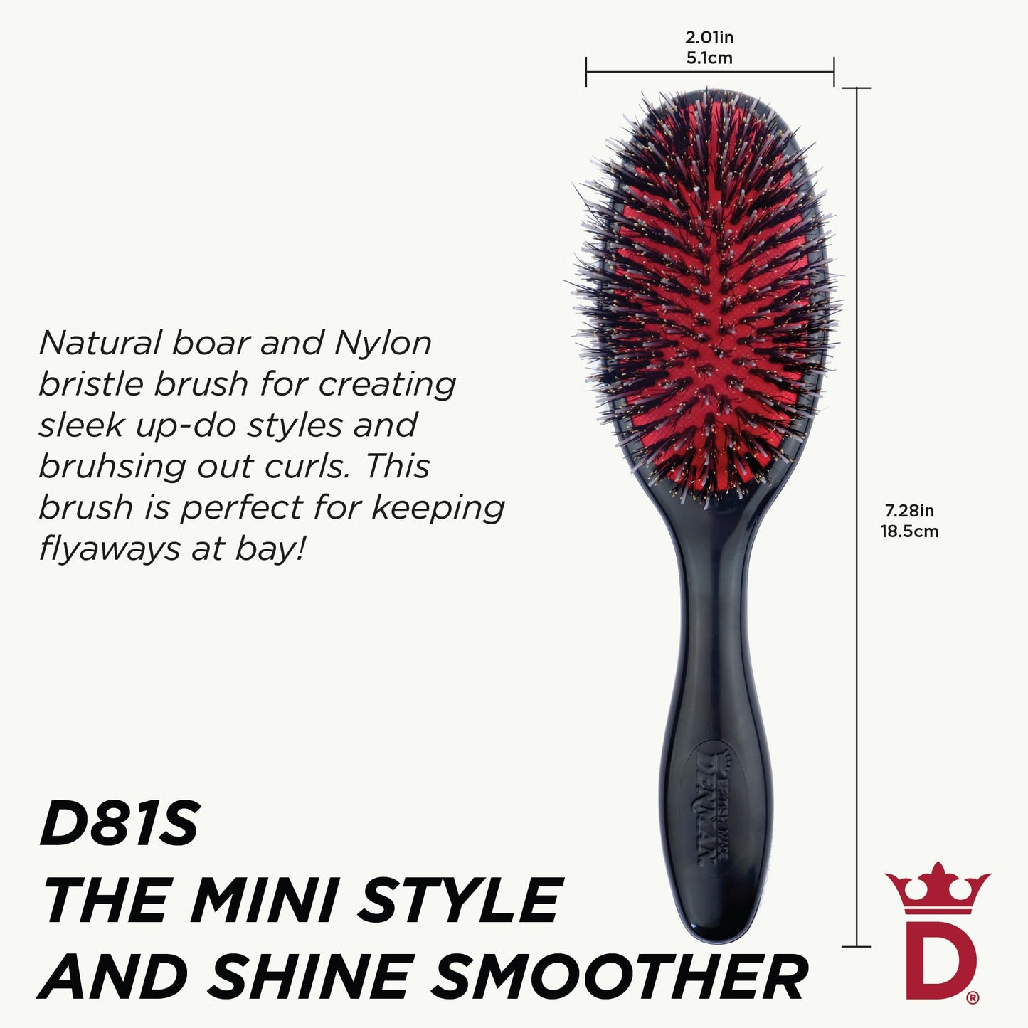 Denman Cushion Hair Brush (Small) with Soft Nylon Quill Boar Bristles - Porcupine Style for Grooming, Detangling, Straightening, Blowdrying Beauty and Personal Care Denman