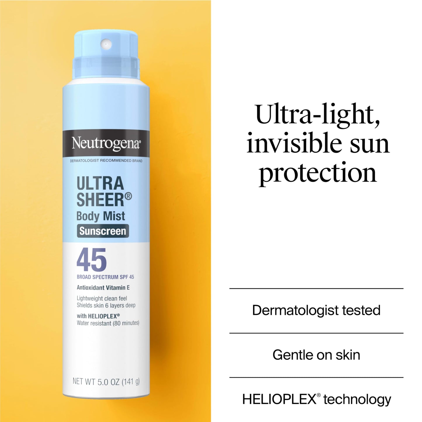 Neutrogena Ultra Sheer Sunscreen Spray SPF 45 Body Mist, Lightweight Non-Greasy Broad Spectrum UVA/UVB Protection, Oil-Free & Non-Comedogenic Water
