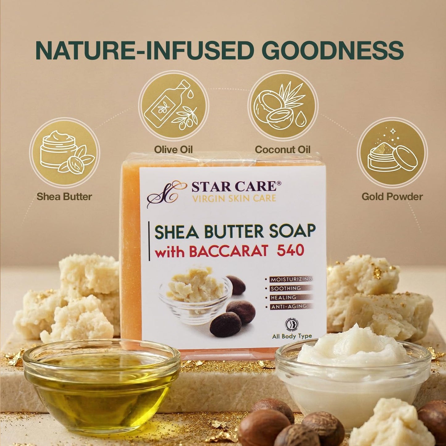 STAR CARE Shea Butter Soap with Gold Powder, Infused with Olive & Coconut Oil, Moisturizing Luxury Cleansing Bar for All Skin Types, Radiant & Soft Beauty & Personal Care STAR CARE