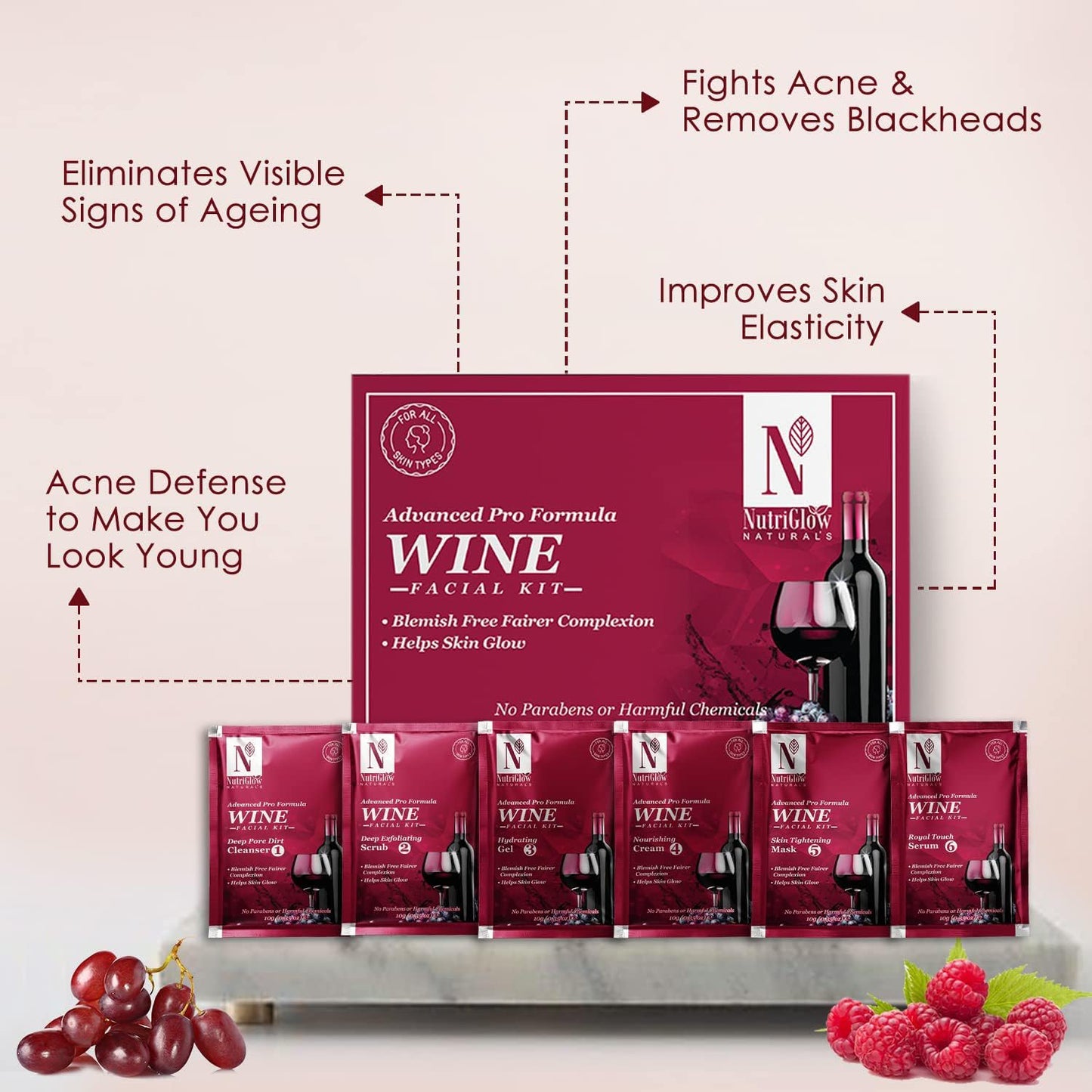 NutriGlow NATURAL'S Advanced Pro Formula Diamond Radiance Facial Kit & Wine Facial Kit For Acne & Spot Free Reduces Pigmentation & Removes Blackheads