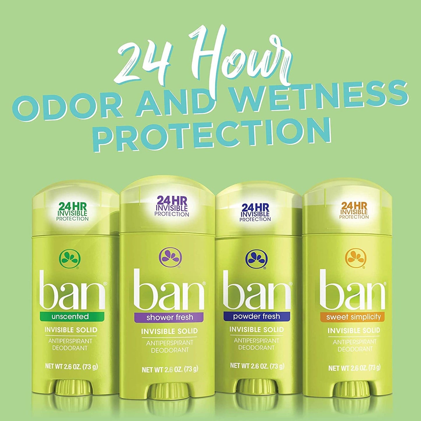 Ban Invisible Solid Antiperspirant Deodorant for Women and Men, 24-Hour Underarm Odor & Sweat Protection, Shower Fresh, 2.6 Oz, Pack of 4
