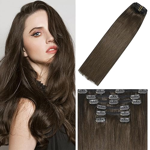 WindTouch Clip in Hair Extensions Medium Brown Hair Extensions Real Human Hair 75g 7PCS #4 Chocolate Brown 22Inch Extensions for Women Remy Hair