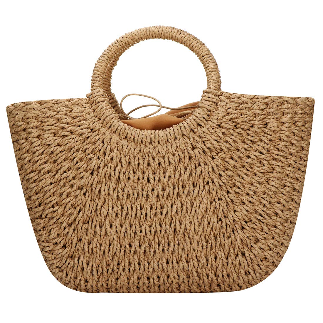 EROUGE Natural Chic Straw Bag Hand Woven Round Handle Handbags Retro Summer Beach Bag (Coyote brown)