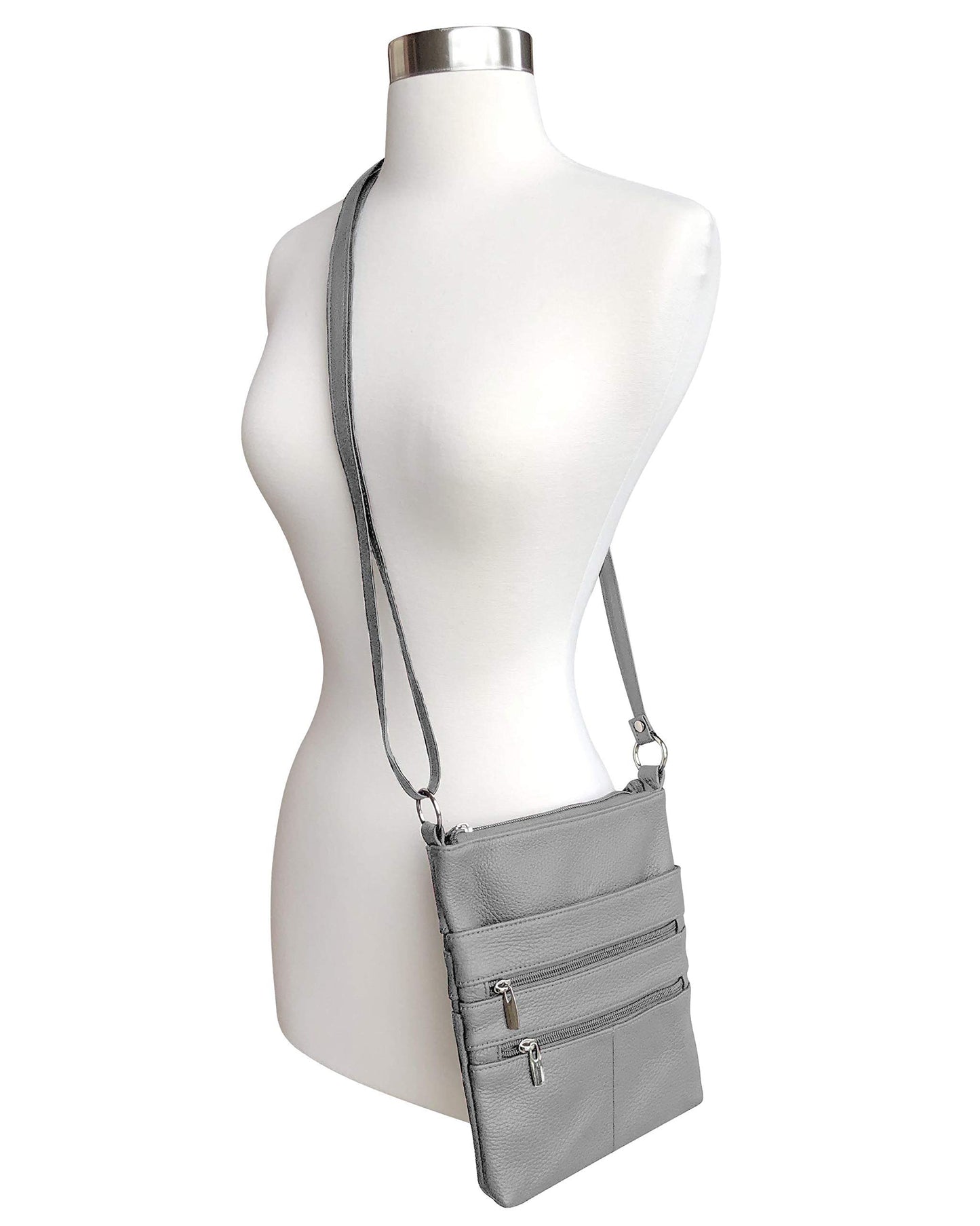 Roma Leathers Mini Cross Body Purse - Multi Pocket Double Zipper Handbag - Premium Gray Leather - Adjustable Shoulder Strap - Convenient Travel Bag…