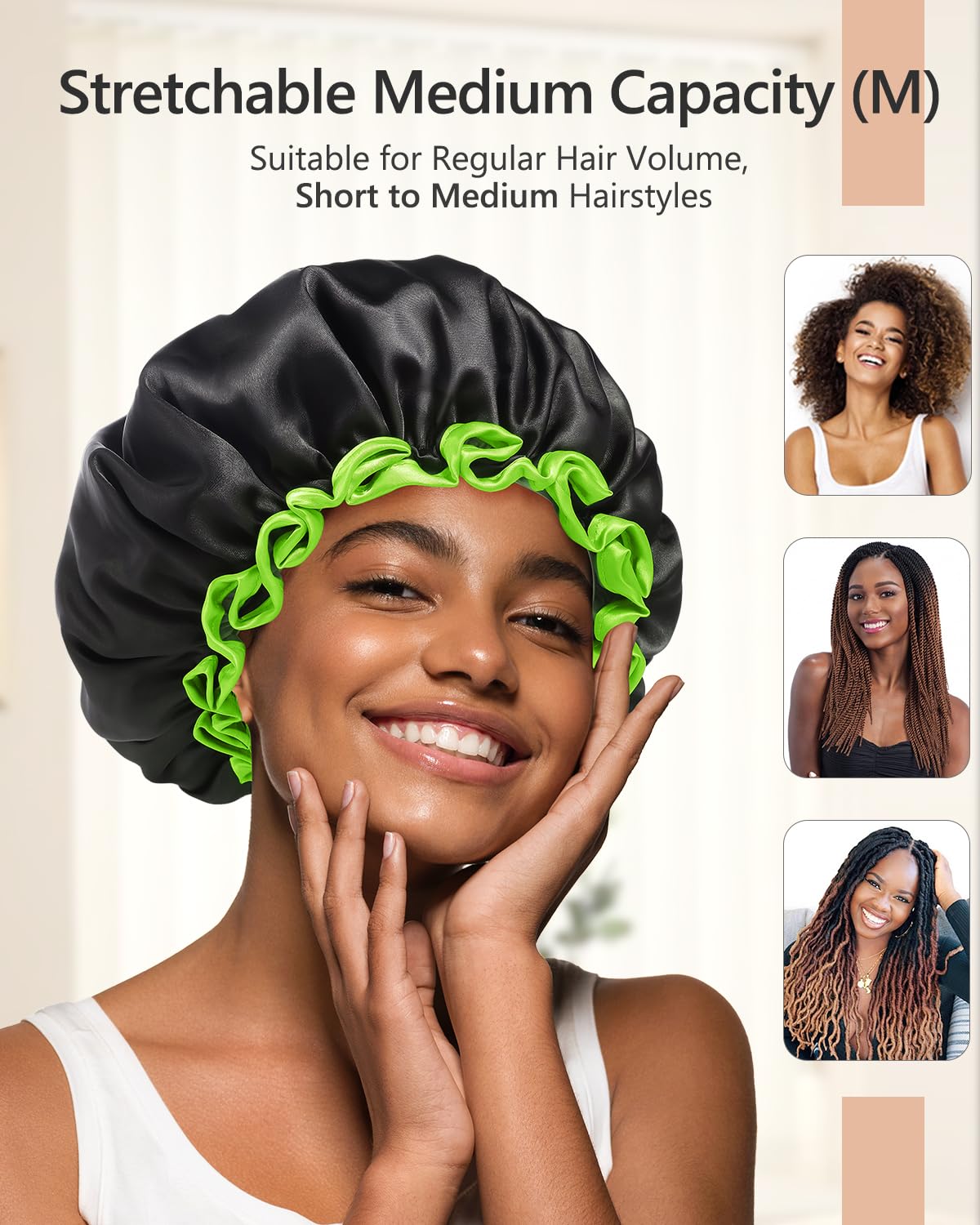 mikimini Black Shower Cap for Women, Men & Girls, 2 Packs Reusable Double Layers Waterproof Bathing Shower Hat with Soft Comfortable PEVA Lining