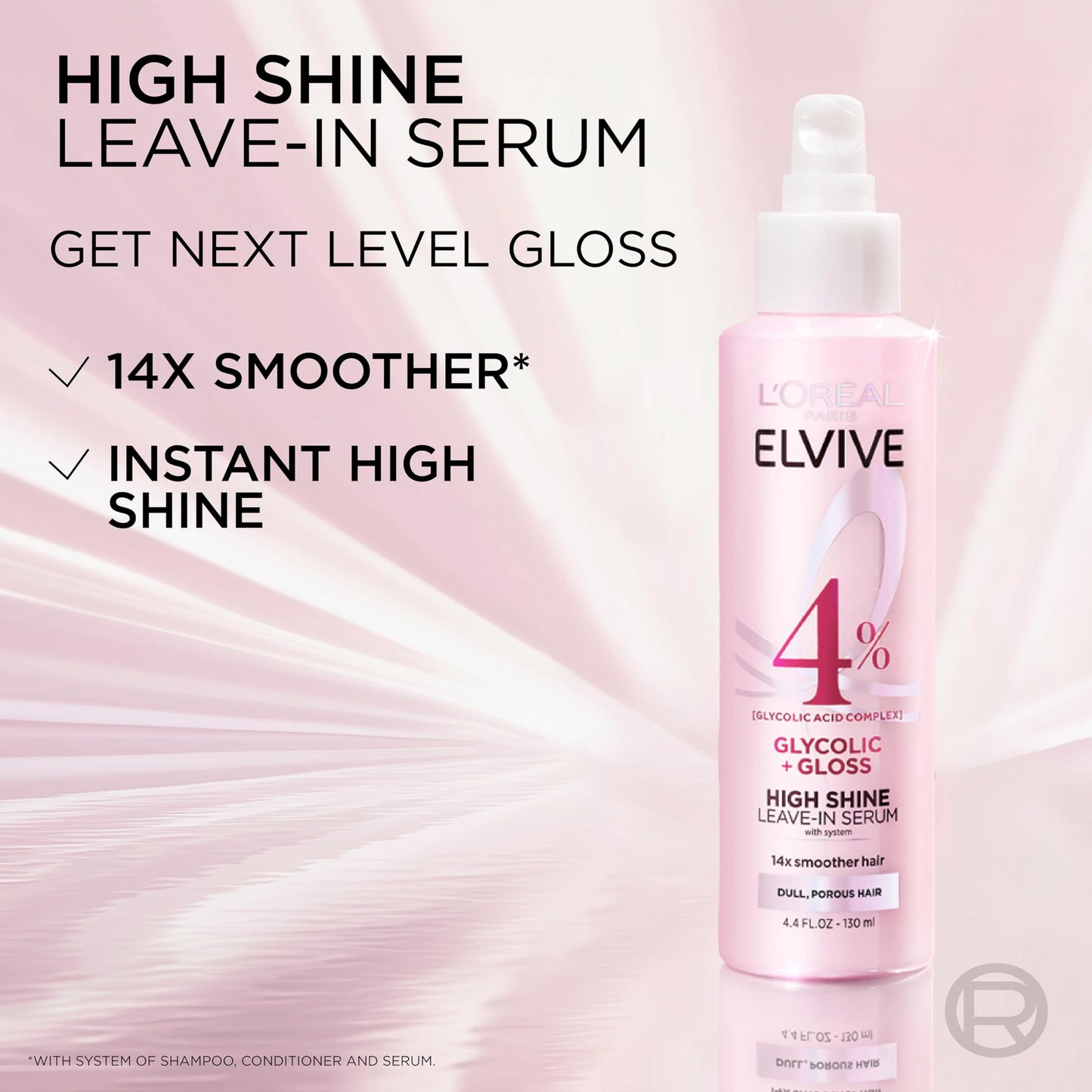 L'Oreal Paris Elvive Glycolic + Gloss High Shine Leave-In Hair Serum, Smooths Dull, Porous Hair Into High-Shine, Glossy Hair, 4.4 Fl Oz (Pack of 2)