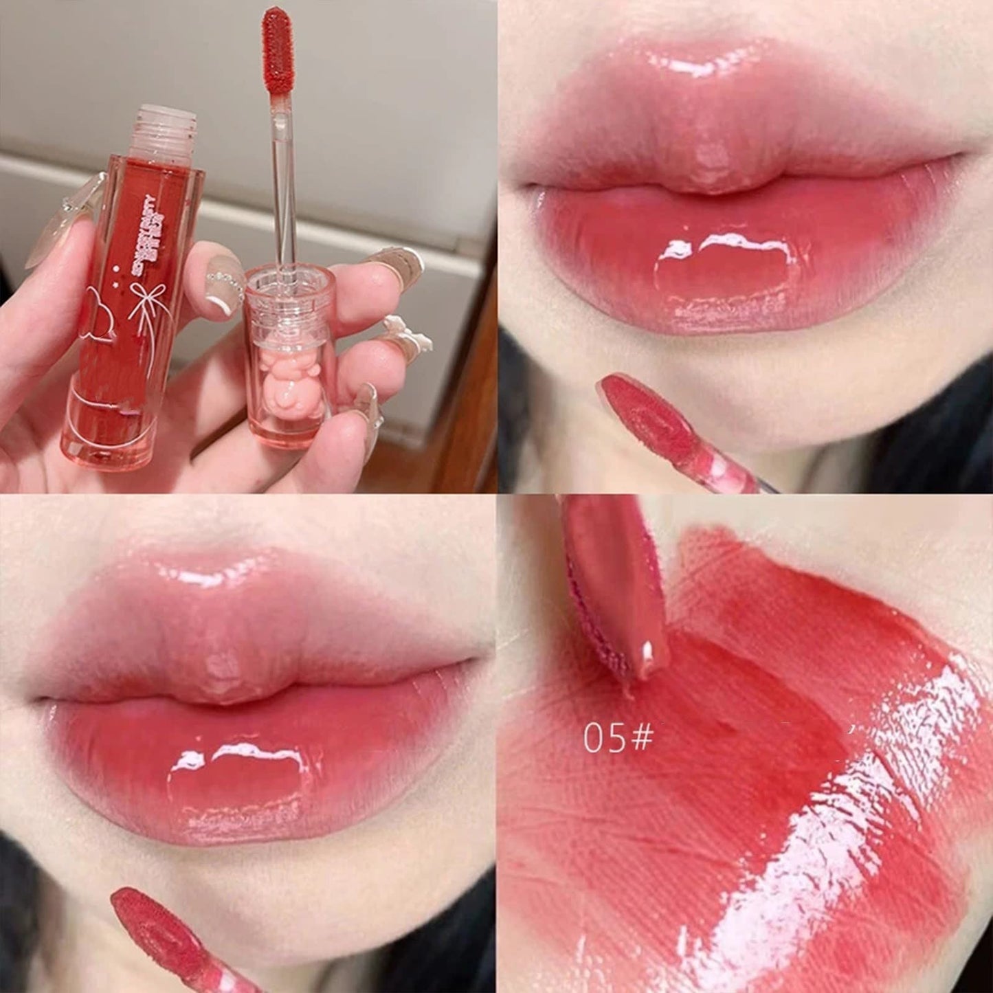 New Irven 2Pcs Bear Lip Glaze Jelly Lipstick,Liquid Lipstick Cute Bear Lipgloss Moisturizing Lip Stain Plumping Water Lip Gloss Waterproof Long