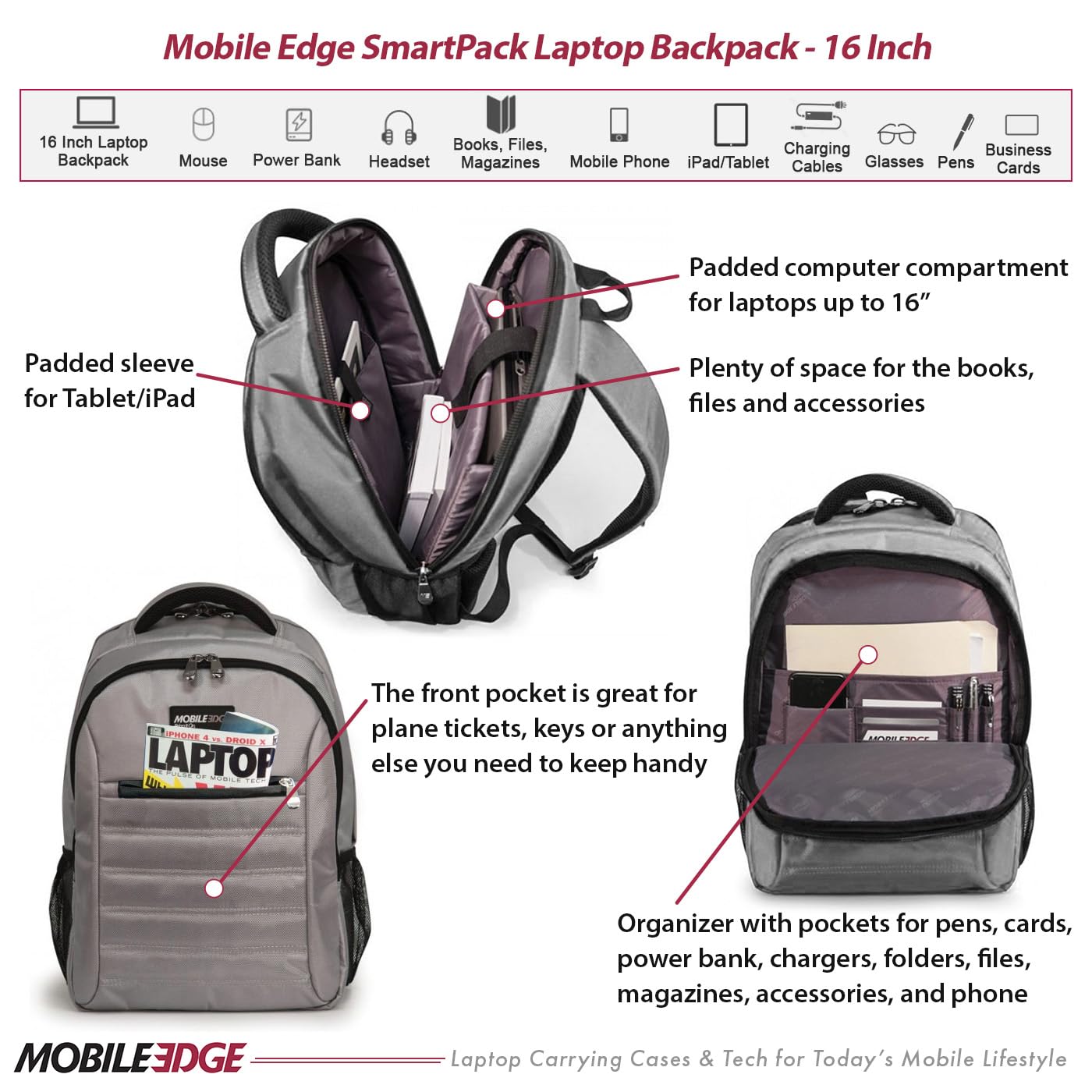 Mobile Edge SmartPack Laptop Backpack for Men and Women, Fits 16-inch Laptops, for Work, Business, Travel, Ultra Lightweight and Sleek, Silver