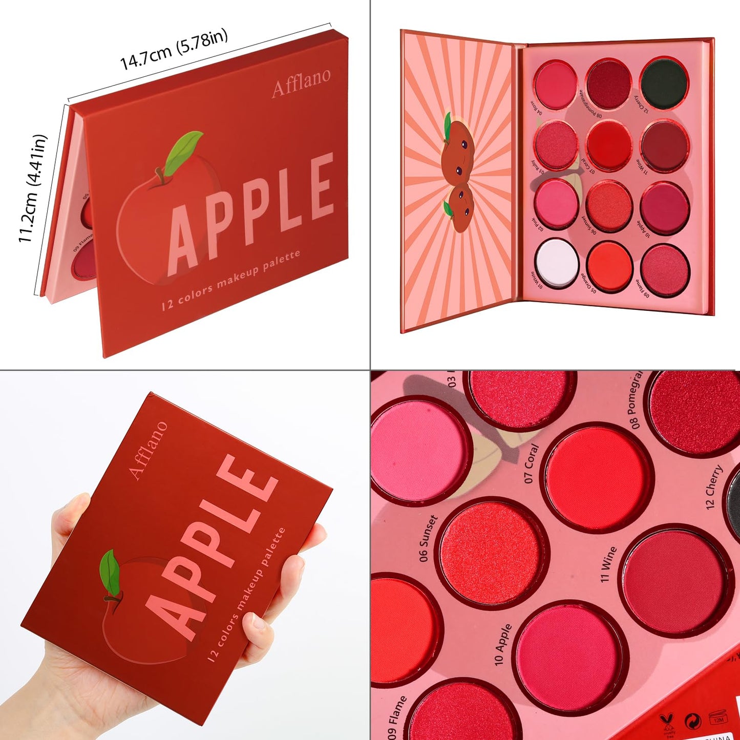 Afflano Red Eyeshadow Palette Makeup, Ultra Pigmented and Blending Bright Dark Hot True Red Black Eye Shade 12 Color, Cruelty Free Velvet Matte