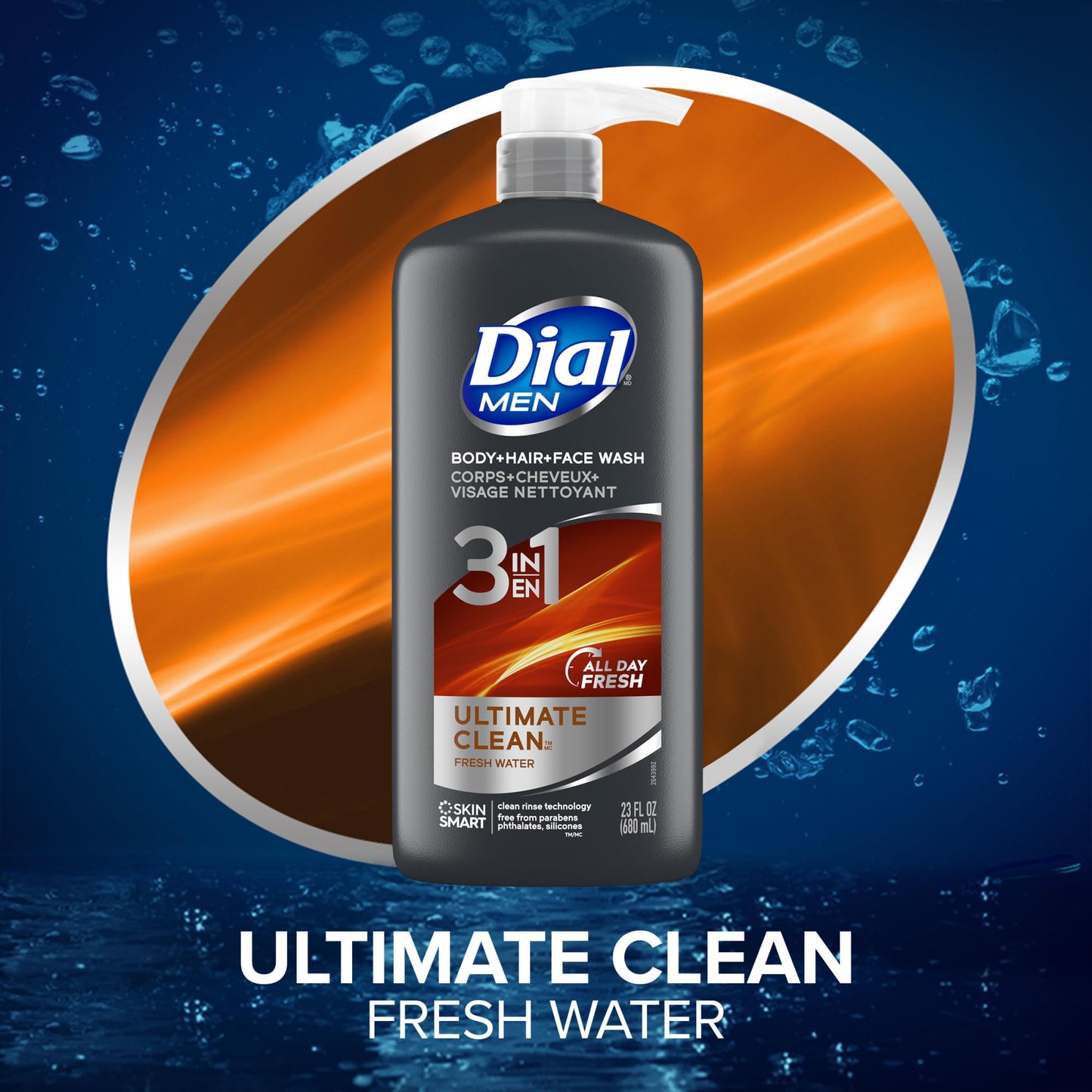Dial Men 3 in 1 Body, Hair and Face Wash, Refresh, 16 Fl Oz, Pack of 6, Cleanses Deep + Gentle on Skin with Clean Rinse Technology