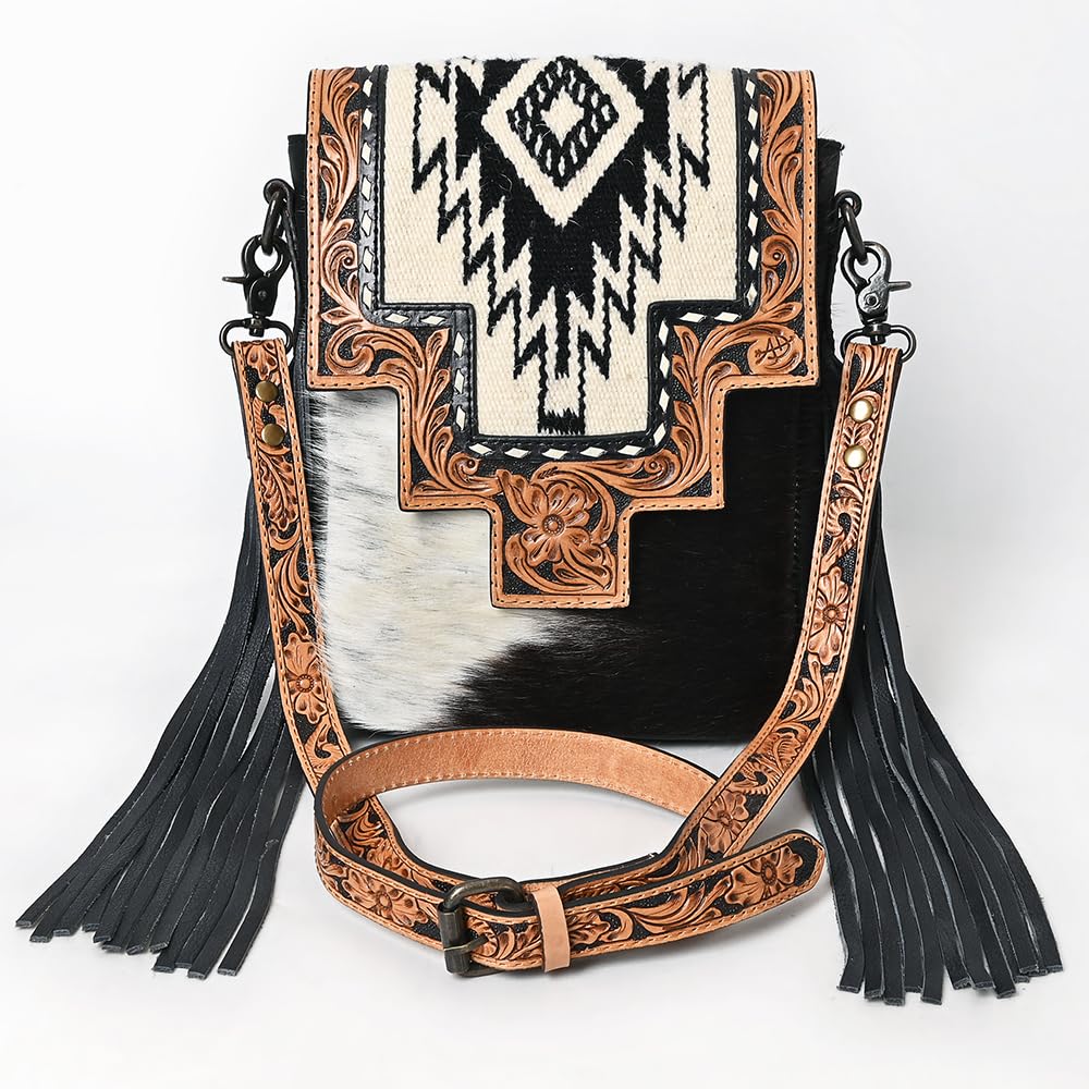 American Darling Messenger Hand Tooled Saddle Blanket Hair On Genuine Leather Western Women Bag Handbag Purse