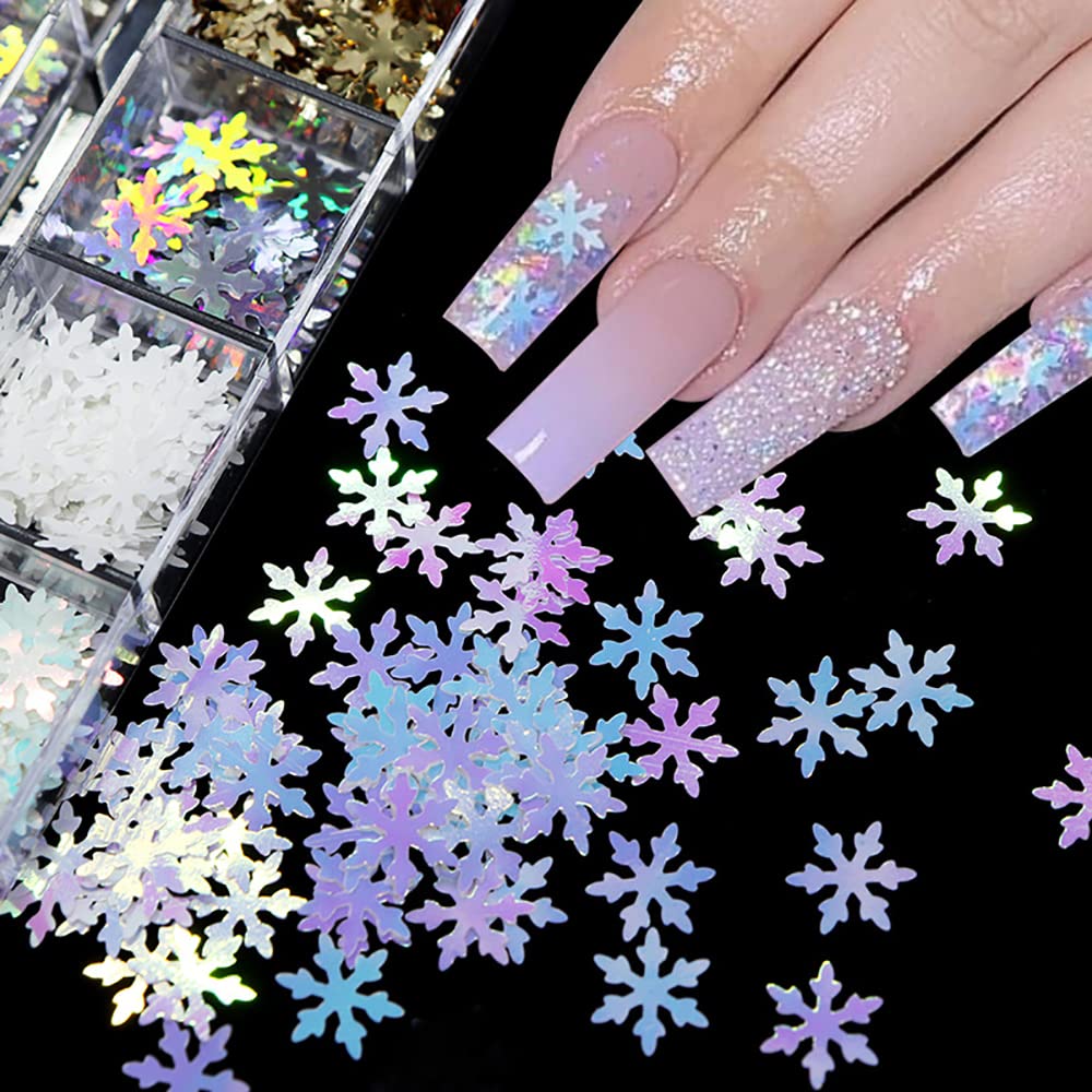 Snowflake Nail Glitter Sequins, 6 Grids Holographic Christmas Nail Art Glitter Snow Flakes Christmas Nail Design Winter Xmas Nail Sticker Decals