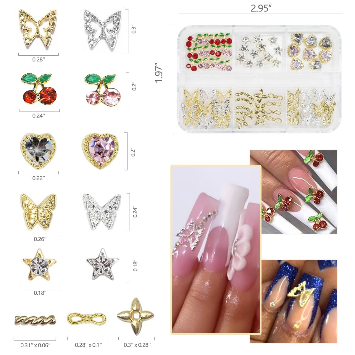 qiipii 56 Pcs Cute Charms for Nails Cherry Butterfly Heart Star Kawaii Crystals Pink Red Rhinestones Gems Golden Silver 3D Alloy Studs Nail Art Charms Beauty & Personal Care qiipii